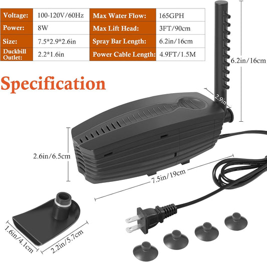 FEDOUR Aquarium Filter, 165GPH Internal Fish Tank Filter (8W)