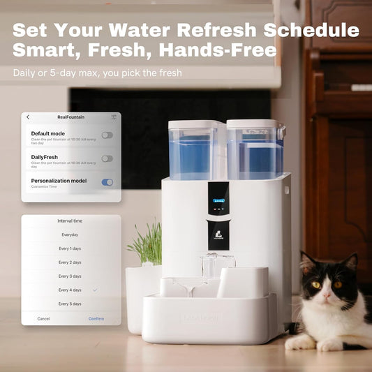 Daily Fresh Cat Water Fountain 10L/338oz Self Filling and Cleaning, Pet Water Dispenser with Filter System for Dogs, 5G Wi-Fi Smart Bowl Wastewater Separation & No Slimy with Quiet Pumps