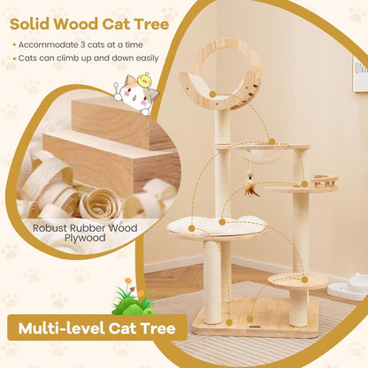 PETSITE 57 Inches Tall Wooden Cat Tree, Multi-Level Cat Tower with Scratching Posts, Space Capsule Bed, Padded Platform and Hanging Ball, Modern Transformable Cat Tree Tower for Indoor Cats Large