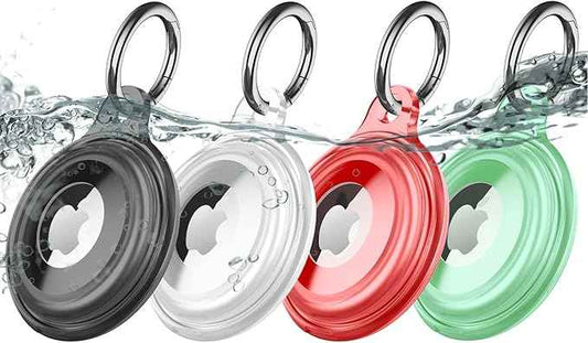 4 Pack IPX8 Waterproof Compatible with AirTag Keychain Holder Case, Lightweight, Anti-Scratch, Easy Installation,Soft Full-Body Shockproof for Luggage,Keys, Dog Collar(Black/Clear/Red/Green)