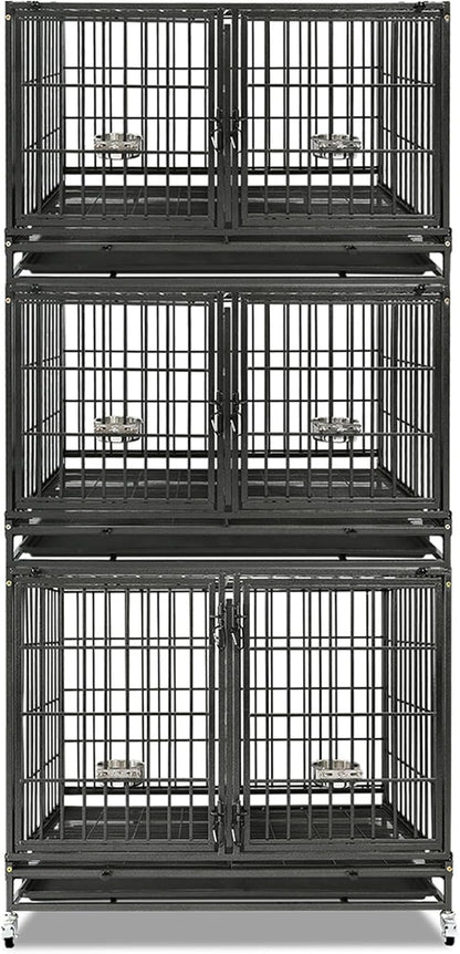 Homey Pet 43 Inch Stackable Heavy Duty Dog Crate Cage Kennel with Lockable Wheels, Removable Tray & Grid, Divider, Feeding Bowls, Escape Proof Drop Cage Bank for Small Medium Large Sized Dogs(3 Tiers)