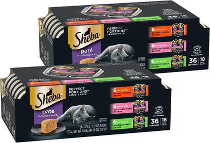 Sheba Perfect Portions Wet Cat Food Pate Savory Chicken, with Sustainable Salmon, and Roasted Turkey Entree Variety Pack, 2.6 oz. Twin-Pack Trays (18 Count, 36 Servings) (Pack of 2)