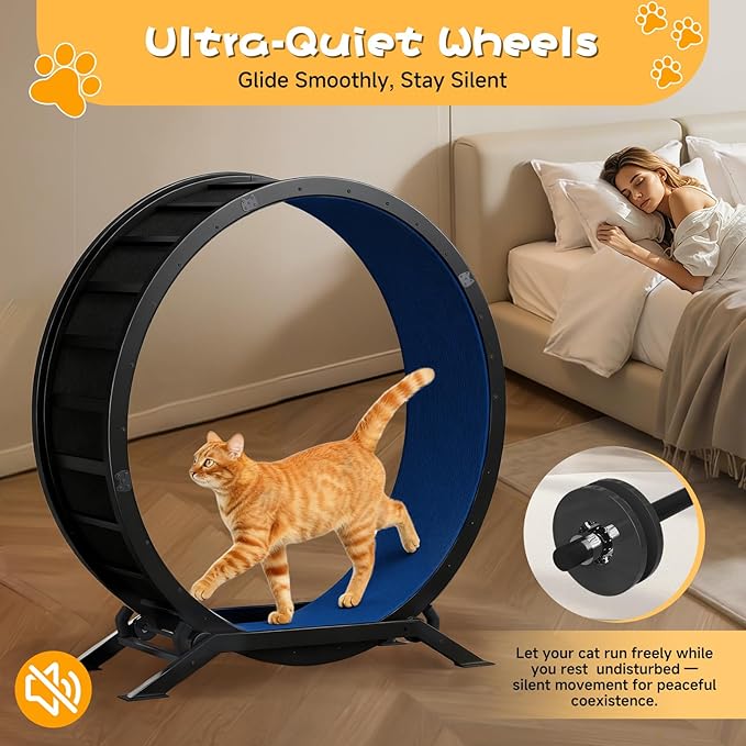 GTRACING Cat Wheels, 40" Diameter, Large Cat Exercise Wheel for Indoor Cats cat Treadmill Metal with Detachable Carpet & Teaser/Stickers, Ultra-Quiet Scroll Wheel with Latch, Safe and Stable, Blue