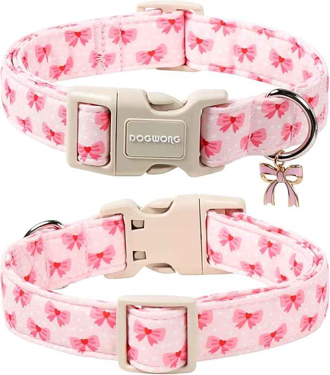 DOGWONG Cute Bowtie Printed Collar for Small Medium Large Dogs - Pink Dog Collar for Girl Female Dogs,XS