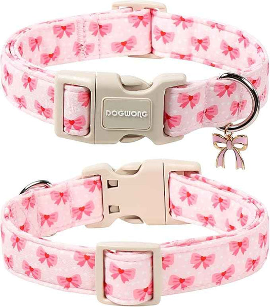 DOGWONG Cute Bowtie Printed Collar for Small Medium Large Dogs - Pink Dog Collar for Girl Female Dogs,XL