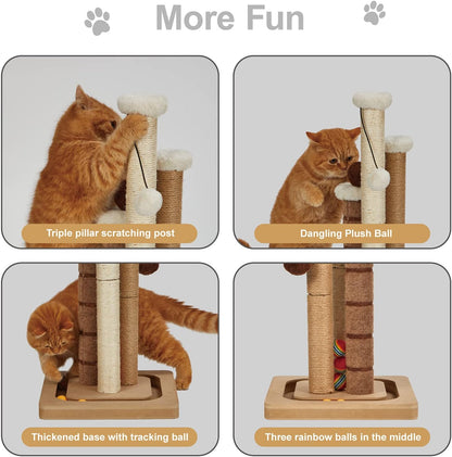 Cat Scratching Post Premium Natural Sisal Jute Carpet 3 Scratch Posts with Interactive Track Ball Base and Hanging Balls Toys Kitten Scratcher for Indoor Kittens and Small Cats