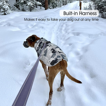 FUAMEY Dog Coat for Large Dogs,Waterproof Dog Winter Jacket with Harness Built in Puppy Cold Weather Coats Reflective Pet Vest with Zipper Warm Fleece Dogs Snowsuit Windproof Grey Camo L