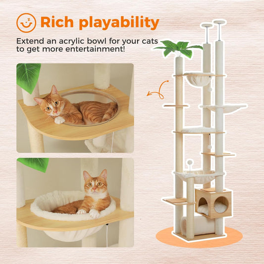PEQULTI Floor to Ceiling Cat Tree 93.3’’-100.8’’ Height Adjustable Wooden Cat Tower Tall Climbing Play House with Scratching Posts, Cozy Condo, Perches and Large Hammock for Indoor Cats Beige