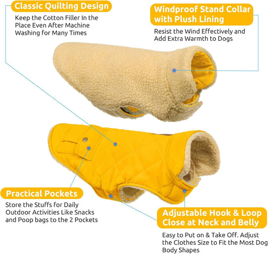 Queenmore Dog Winter Coat Warm Puffer Jacket Waterproof Plush Lining Thermal Cold Weather Vest for Small Medium Large Dogs, Windproof Easy On Pet Jacket Yellow L