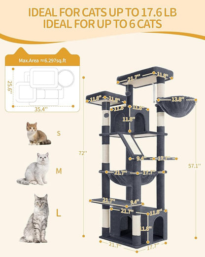 Large Cat Tree, 72 Inch Tall Indoor Cat Tower for 6 Large Cats, Corner Climbing Activity Pet Condo with 2 Large Platforms/2 Cats House/6 Scratching Post/1 Hanging Basket, Dark Gray MS18318SG