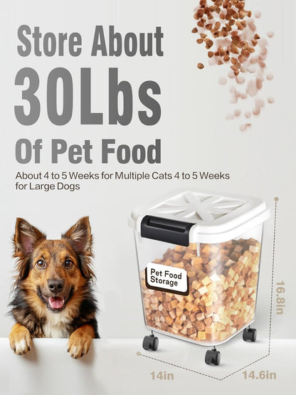 Airtight Rice Storage Container 50 lbs, Attachable Wheels, for Dog Cat Bird and other Pet Food Storage Bin, Keep Fresh, Easy Mobility, BPA Free, White