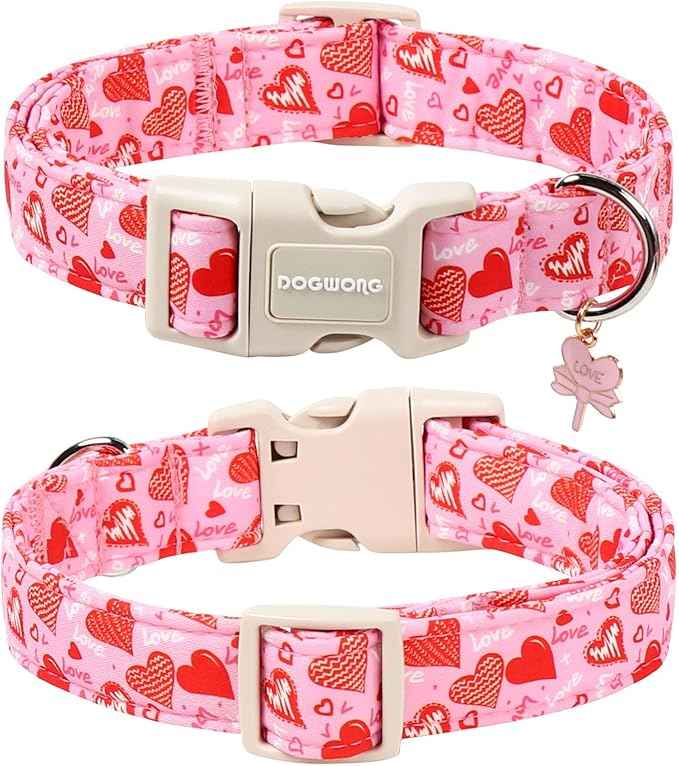 DOGWONG Valentine's Dog Collar - Pink Heart Adjustable Cotton Heart Dog Collar - Cute Dog Collars Perfect for Small Dogs