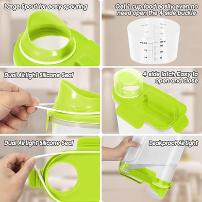 5-7Lbs Cat Dog Storage Container, Portable Pet Food Containers with Upgraded Large Spout and Cup, Small Animal Kibble Dispenser for Bird Seed, Oatmeal, Rice, Flour (2, Bright Green, 5L)