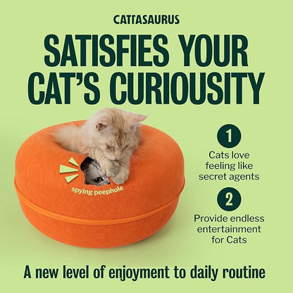 Cattasaurus Peekaboo Cat Cave Donut for Multiple & Large Cats up to 30-45 lbs, 3-in-1 Self Warming Cat Bed, Tunnel & Scratcher for Indoor Cats, Washable & Detachable Small Dog Bed (Orange, Large)