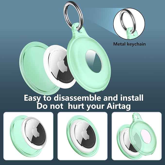 4 Pack IPX8 Waterproof Compatible with AirTag Keychain Holder Case, Lightweight, Anti-Scratch, Easy Installation,Soft Full-Body Shockproof for Luggage,Keys, Dog Collar(Black/Clear/Red/Green)