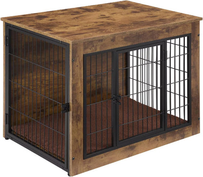 FLEXIMOUNTS Dog Crate Furniture with Cushion, Wooden Dog Kennel Furniture, Heavy Duty Dog Cage, 27" Dog Kennel with Double Doors