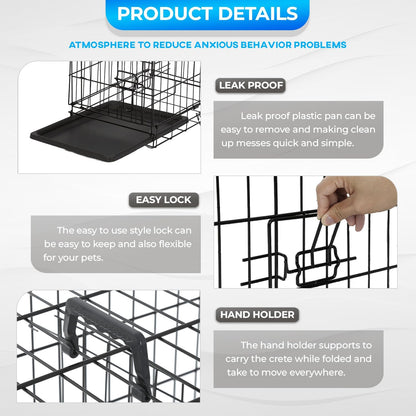 FDW Dog Crate for Small Dogs 18 Inch Folding Metal Wire Pet Cage Double Door W/Divider Panel Indoor Outdoor Kennel Leak-Proof Plastic Tray,Black