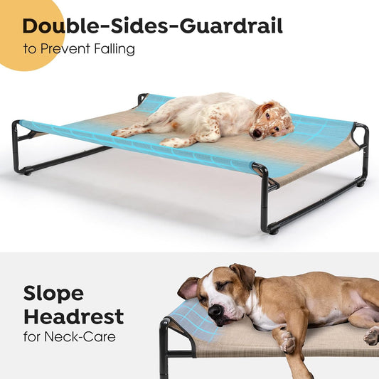Veehoo Original Outdoor Elevated Dog Bed, Cooling Raised Dog Cot for Large Dogs, Portable Standing Pet Hammock Platform with Washable Breathable Mesh, No-Slip Feet, X-Large, Beige Coffee, CWC2201