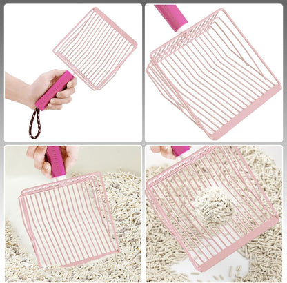Cat Litter Scoop, 2-in-1 Detachable Ergonomic Handle, Metal, Bar Grid Shape with Suspendable Cord (Pink)