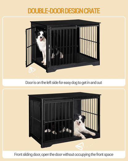 XL Large Dog Crate Furniture, 44.1" Indoor Dog Kennel Furniture with Barn Door, Wooden Tall Dog Crate, Heavy Duty Dog Cage for Large Dogs, Side End Table, Anti-Chew, Black DFC80104B