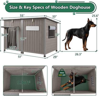 55" Extra Large Outdoor Dog House Weatherproof Wooden Doghouse Indoor for Large Breed Dogs with Anti Bite Frames with Window,10 Elevated Feet, Reinforced Bottom for Pet Up to 220LBS