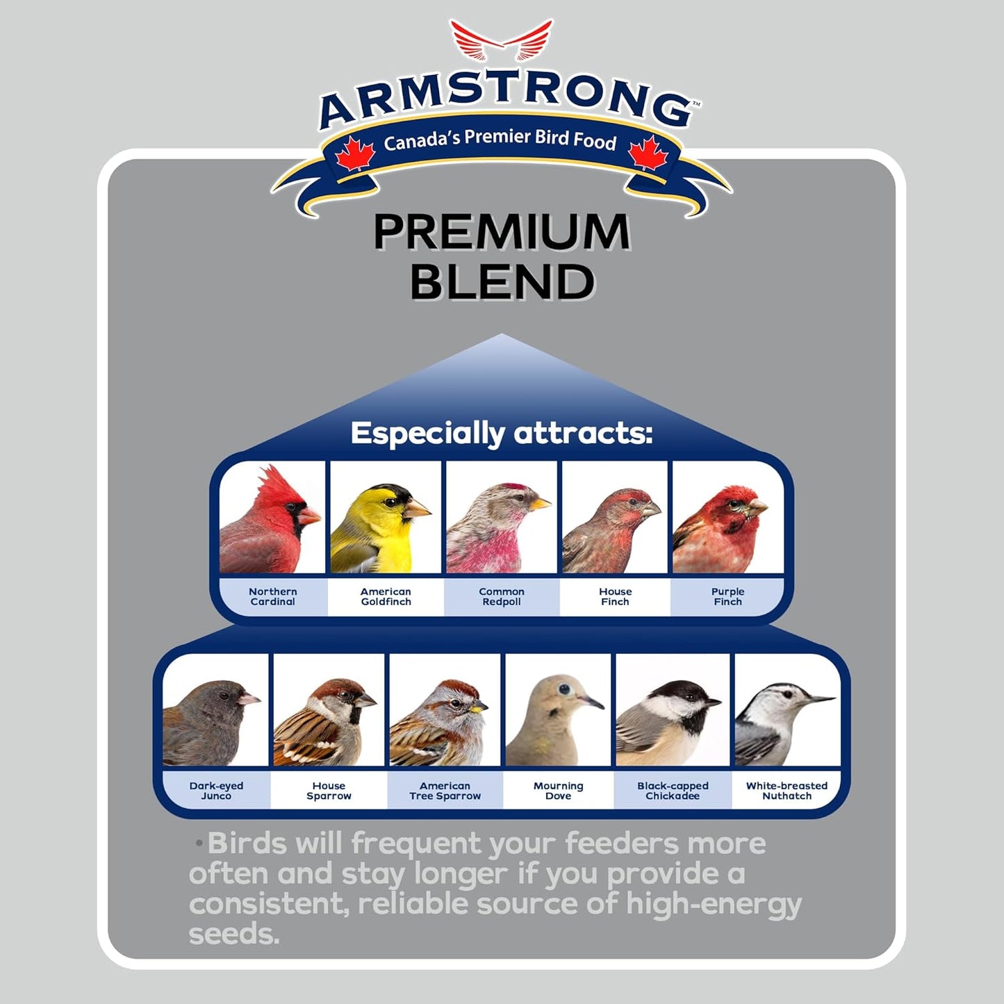 Armstrong Wild Bird Food Premium Blend, 14.3 Pounds - with White Millet, Black Oil Sunflower, Wheat, Peanuts, Striped Sunflower and Safflower for Northern Cardinals and Black-Capped Chickadees