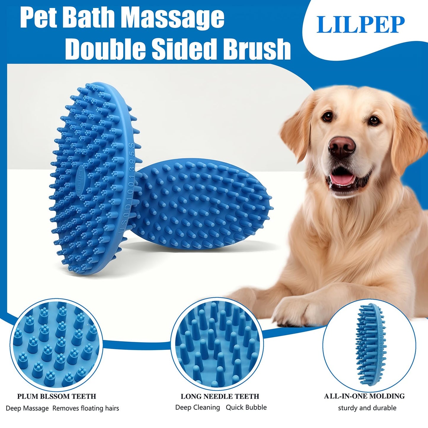Dog Grooming Brush, Lilpep Pet Shampoo Bath Brush Soothing Massage Rubber Comb with Adjustable Ring Handle for Long Short Haired Dogs and Cats (2 pale blue, 2 sided brush)