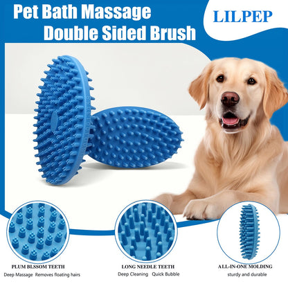 Dog Grooming Brush, Lilpep Pet Shampoo Bath Brush Soothing Massage Rubber Comb with Adjustable Ring Handle for Long Short Haired Dogs and Cats (2 pale blue, 2 sided brush)