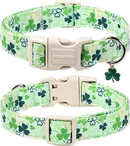DOGWONG St Patrick's Day Dog Collar-Cute Green Clovers Dog Collars, Adjustable Shamrock Pet Collars Trefoil Puppy Collar with Quick Release Buckle for Girl&Boy Dogs