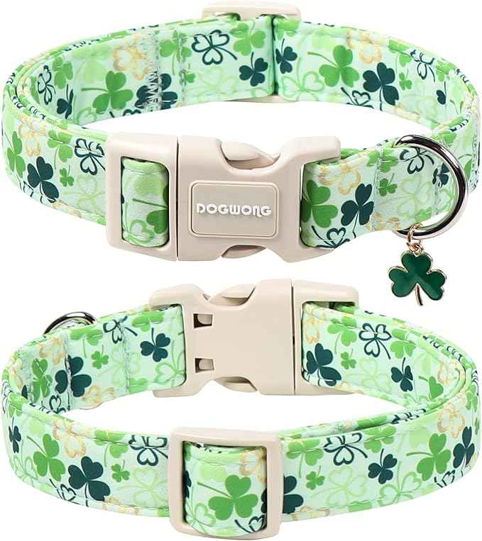 DOGWONG St Patrick's Day Dog Collar-Cute Green Clovers Dog Collars, Adjustable Shamrock Pet Collars Trefoil Puppy Collar with Quick Release Buckle for Girl&Boy Dogs