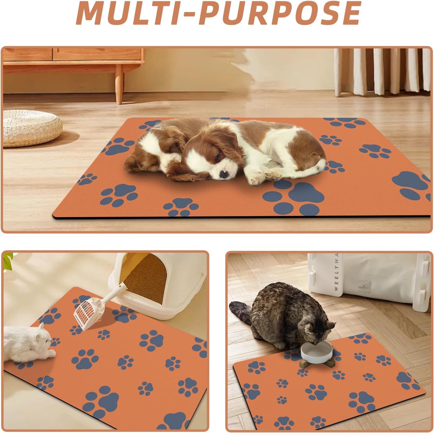 18"×30" Dog Food Mat-Absorbent Dog Mat for Food and Water, No Stains Quick Dry Cat Dog Food Bowl Mat Non Skid Dog Feeding Mat with Footprints for Messy Drinkers Orange