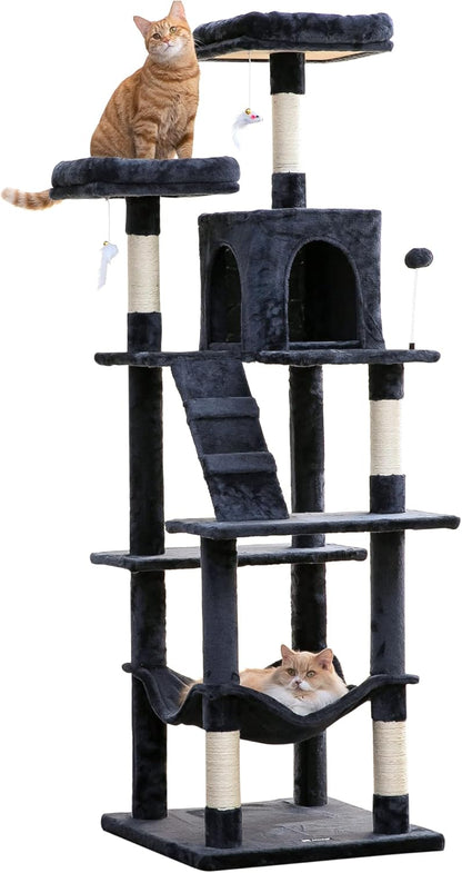 MWPO 70.1-Inch Large Cat Tree, Multi-Level Tall Cat Tower for Indoor Cats, Plush Cat Condo with Big Padded Perches, Sisal-Covered Scratching Posts, Hammock, Toys for Kittens & Cats - Smoky Grey