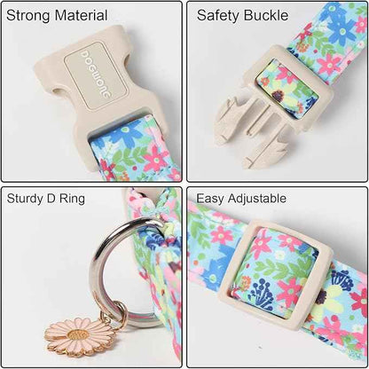 DOGWONG Cute Flower Printed Collar for Small Medium Large Dogs - Blue Floral Dog Collar for Girl Female Boy Dogs,L
