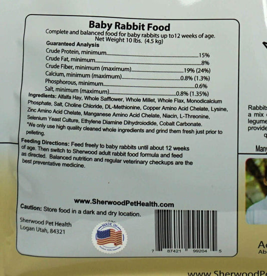 Sherwood Baby Rabbit Food. Hay-Based Pellet. No Wheat, Corn, or Soy for Better Digestion. 10 lbs