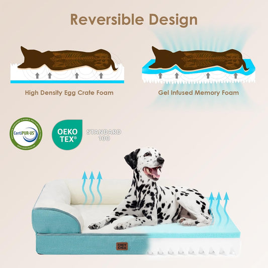 EHEYCIGA Orthopedic Dog Beds for Extra Large Dogs, Waterproof Memory Foam XXL Dog Bed with Sides, Non-Slip Bottom and Egg-Crate Foam Big Pet Couch Bed with Washable Removable Cover, Turquoise Blue