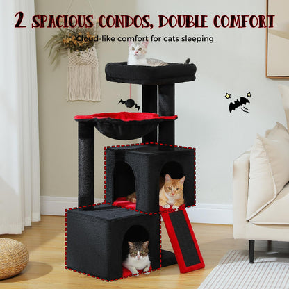 PAWZ Road Large Cat Tree, 41 Inches Gothic Cat Tower with 2 Spacious Condos for Indoor Cats, Large Black Cat House with Comfy Hammock, Padded Perch, Scratching Pad and Replaceable Balls-Black