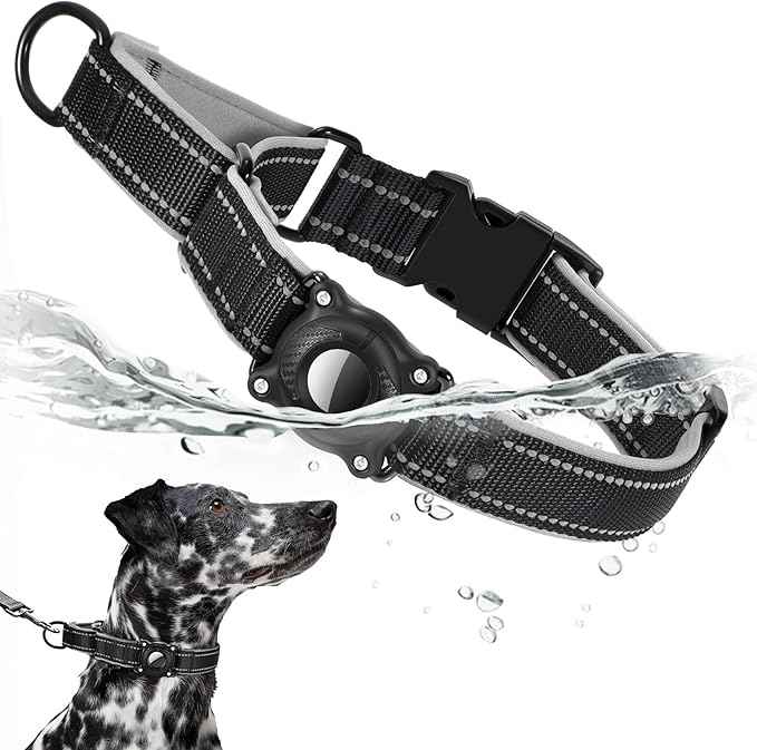 Airtag Dog Collar with Martingale Design, IP68 Waterproof Air Tag Collar Holder, Adjustable Reflective Soft Padded Nylon Dog Collar for Large Medium Small Dogs