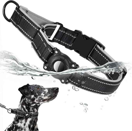 Airtag Dog Collar with Martingale Design, IP68 Waterproof Air Tag Collar Holder, Adjustable Reflective Soft Padded Nylon Dog Collar for Large Medium Small Dogs