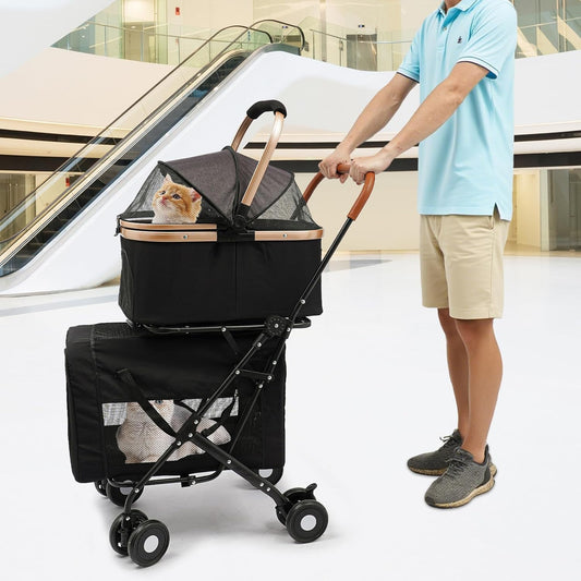 Double Pet Stroller with Detachable Carriers, Large Cat & Dog Stroller with 4 Wheels, Foldable Pet Strollers Small & Medium Dogs Cats 77lbs (Black) - Pawvie