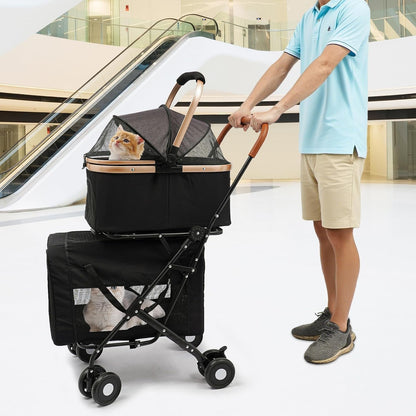 Double Pet Stroller for Dogs and Cats, Foldable Dog Stroller Travel Carriage with Detachable Carriers, Safety Belts, and 4 Lockable Wheels for Small to Medium Pets (Black) - Pawvie