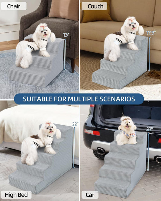 Dog Stairs for Small Dogs,22" H,5-Step Dog Steps for Bed and Couch with High Density Foam,Non-Slip Pet Steps for Doggy and Cat,Pet Stairs with a Washable Cover,Grey
