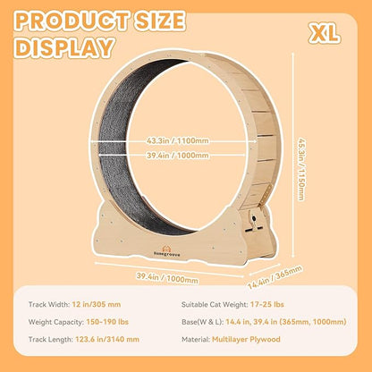 Homegroove Cat Exercise Wheel for Indoor Cats, 46" Large XL Cat Running Treadmill Wheel with Carpeted Runway for Kitty’s Longer Life, Natural Wood Color(XL)