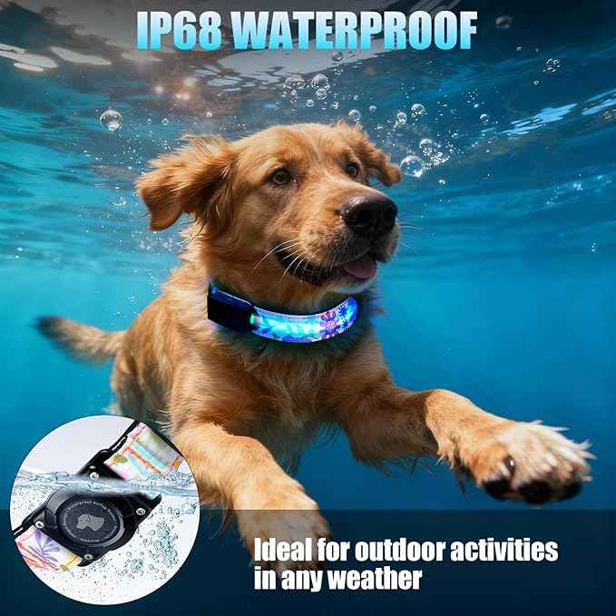 LED AirTag Dog Collar - Brightest Light Up Dog Collars - IP68 Waterproof Air Tag Dog Collar Holder - 1,600 Feet of High Visibility - Magnetic Charging - Dog Lights for Night Walking (Flower, XL)