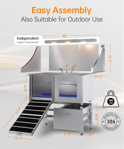 polimo Dog Washing Station, LED Professional Stainless Steel Dog Bathing Station 38", Dog Grooming Tub for Large, Medium & Small Dog - with Window, Ramp, Drawer, Floor Grate & Faucet (Left RAMP, 38")