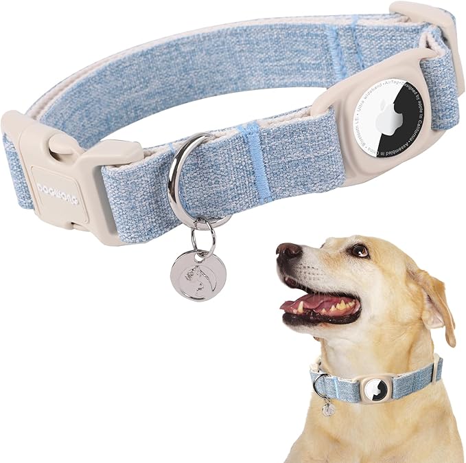 DOGWONG Airtag Cotton Hemp Dog Collar, Heavy-Duty Dog Collar with Airtag Holder Blue Natural Fabric Pet Collars for Small Medium Large Dogs