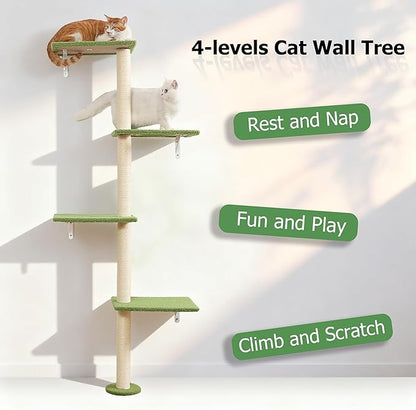 Cat Tree Wall Mounted,Tall Scratching Post for Indoor Cats Climbing Tower Activity Wood Cat Wall Furniture(Green)