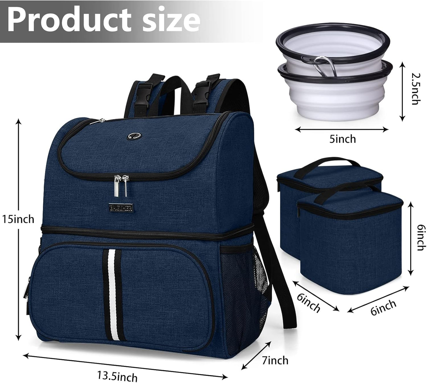 BAGLHER Pet Travel Bag, Double-Layer Pet Supplies Backpack (for All Pet Travel Supplies), Pet Travel Backpack with 2 Silicone Collapsible Bowls and 2 Food Baskets Dark Blue - Pawvie