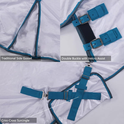 Horse Fly Sheet with Detachable Neck Cover & Belly Wrap, Adjustable Fly Sheet for Horses, Ventilated Airflow Mesh Equine Cooling Summer Flysheet White 81