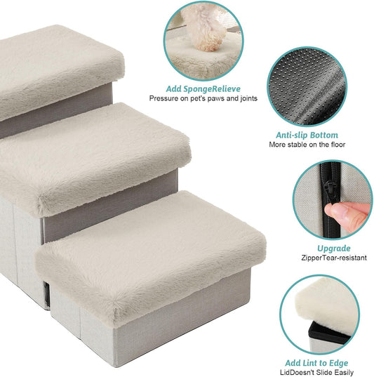 Dog Stairs for Small Dogs with Storage and Condo, 14" H Foldable Pet Stairs for Small Medium or Puppy Dogs and Older Cats, Dog Steps for Bed or Couch, 13x27x14 inch, 3 Tiers, Beige