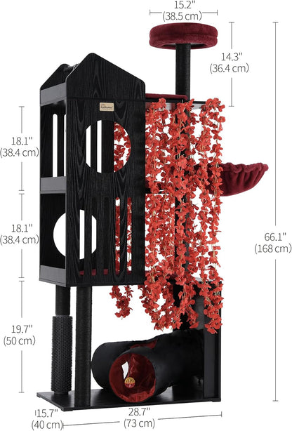 FourFurPets Gothic Cat Tree, 67" Cat Tower for Indoor Cats, Maine Coon Cat Tree for Large Cats 20 lbs+ with Extra-Large Padded Platform, Sisal-Covered Scratching Posts, Comfy Basket, Black & Red